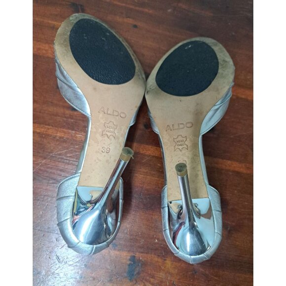 ALDO D'Orsay Heels Silver Metallic Leather Sandals Shoes Rhinestone Size 39 8 - Picture 6 of 9